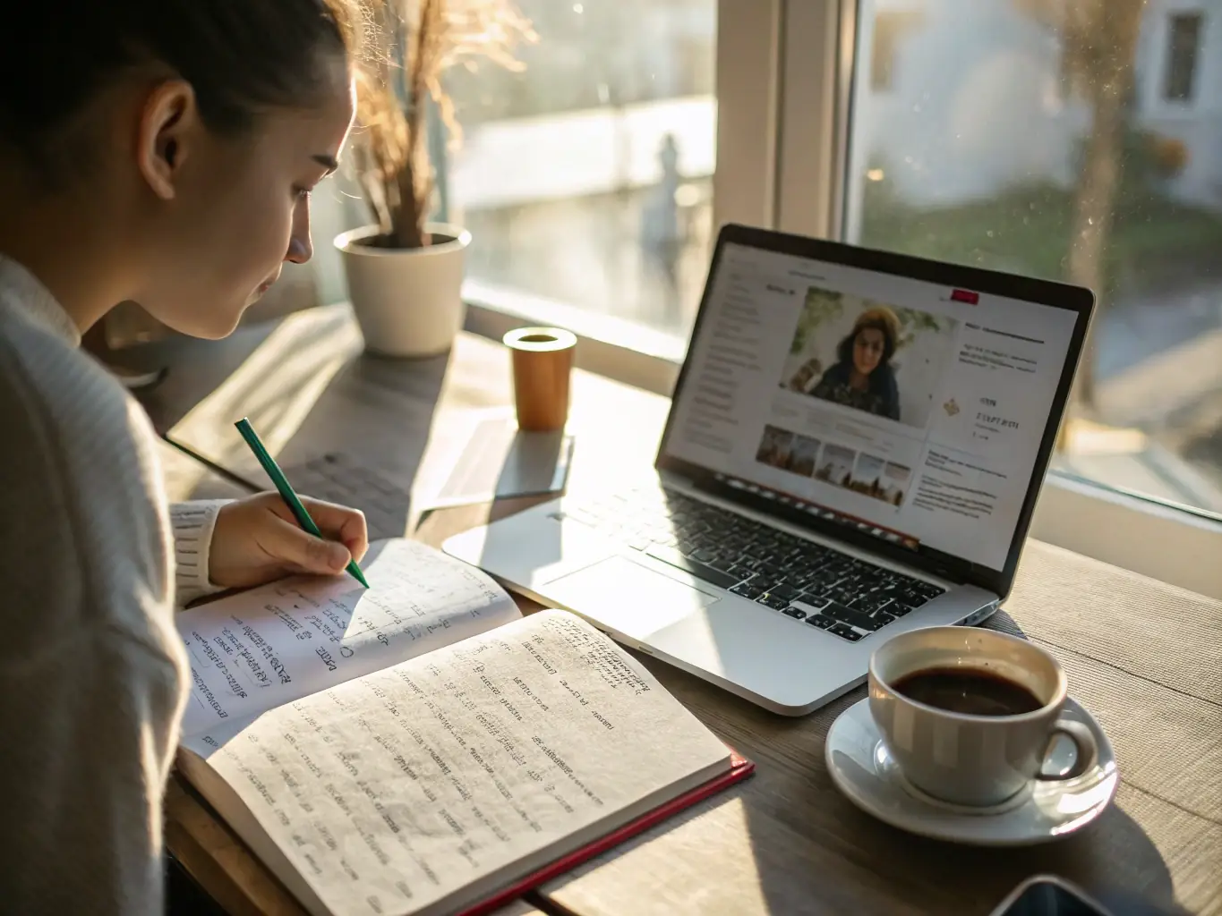 A person studying AI tutorials on a laptop, surrounded by books and notes, in a brightly lit, modern workspace.