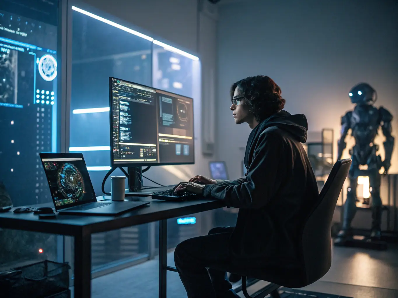A person working on an AI project, using a computer with complex code displayed on the screen.