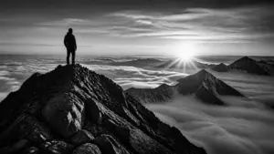A lone individual standing on a jagged mountain ridge at sunrise, looking out over a sea of clouds.