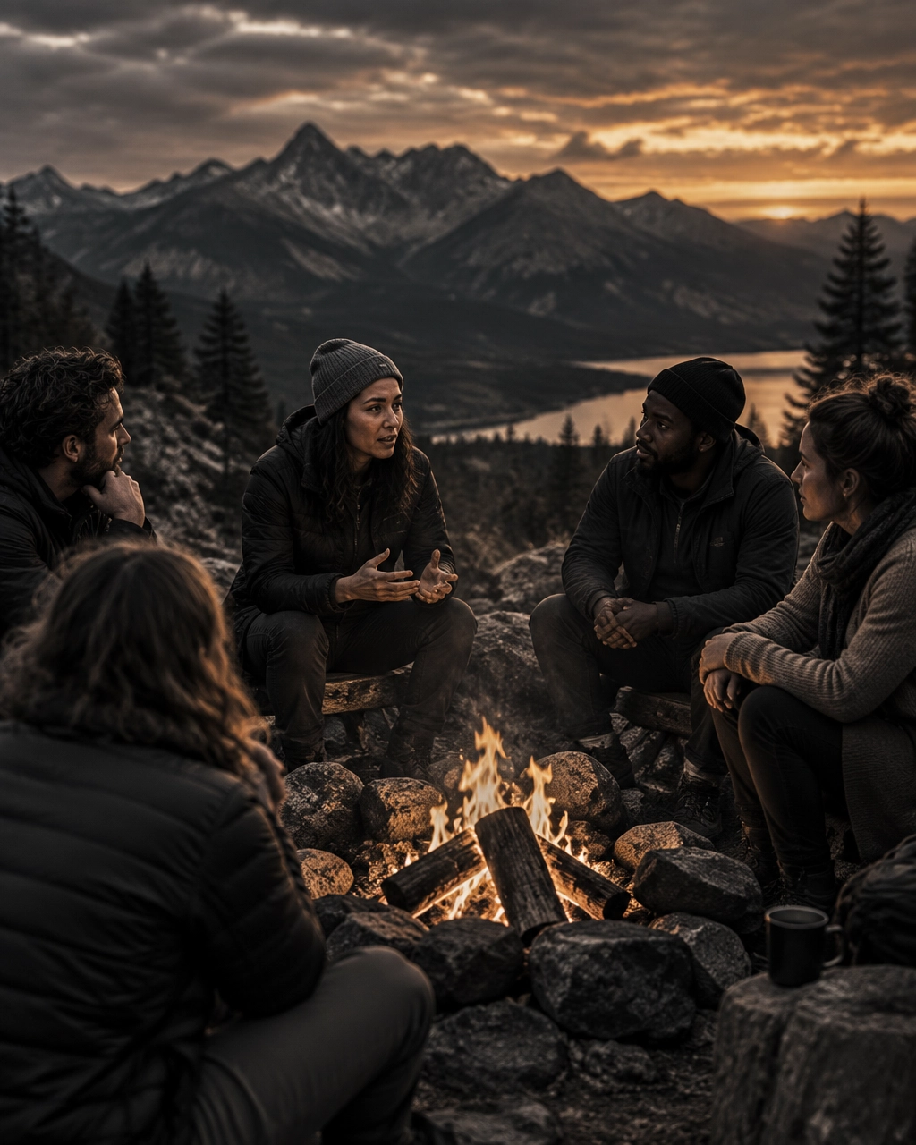 Professionals sharing stories around a campfire in a mountain clearing