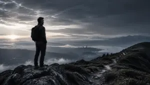 Business owner standing at a mountain overlook at dawn, reflecting on what comes next