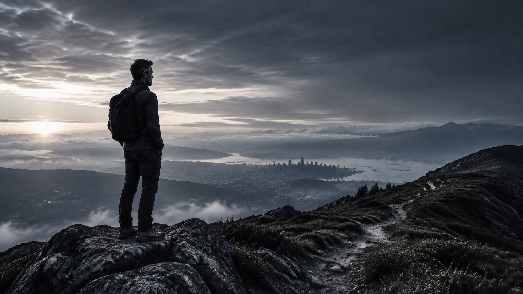 Business owner standing at a mountain overlook at dawn, reflecting on what comes next