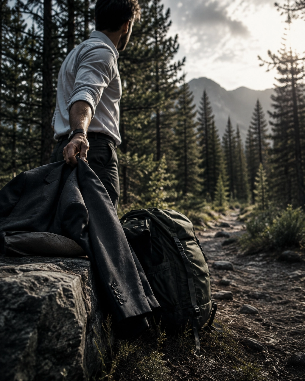 Business owner leaving a jacket beside a trail pack before walking into a forest