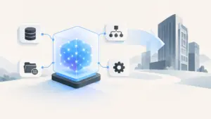 Modular AI system protected inside an enterprise architecture, illustrating ownership and portability